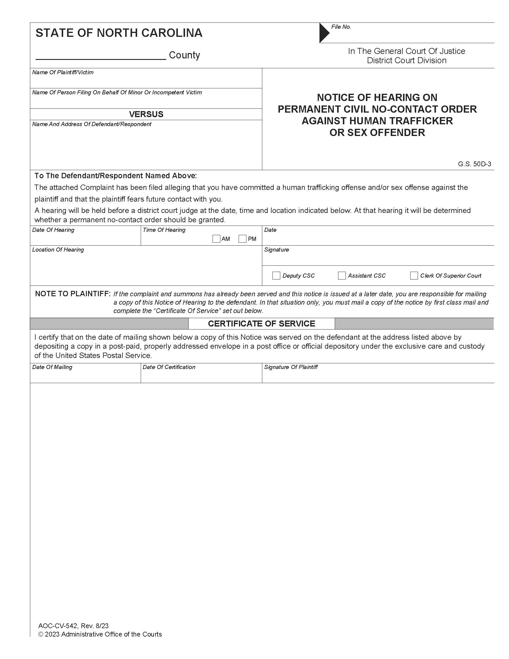 Notice Of Hearing On Permanent Civil No Contact Order Against Sex Offender {CV-542} | Pdf Fpdf Doc Docx | North Carolina