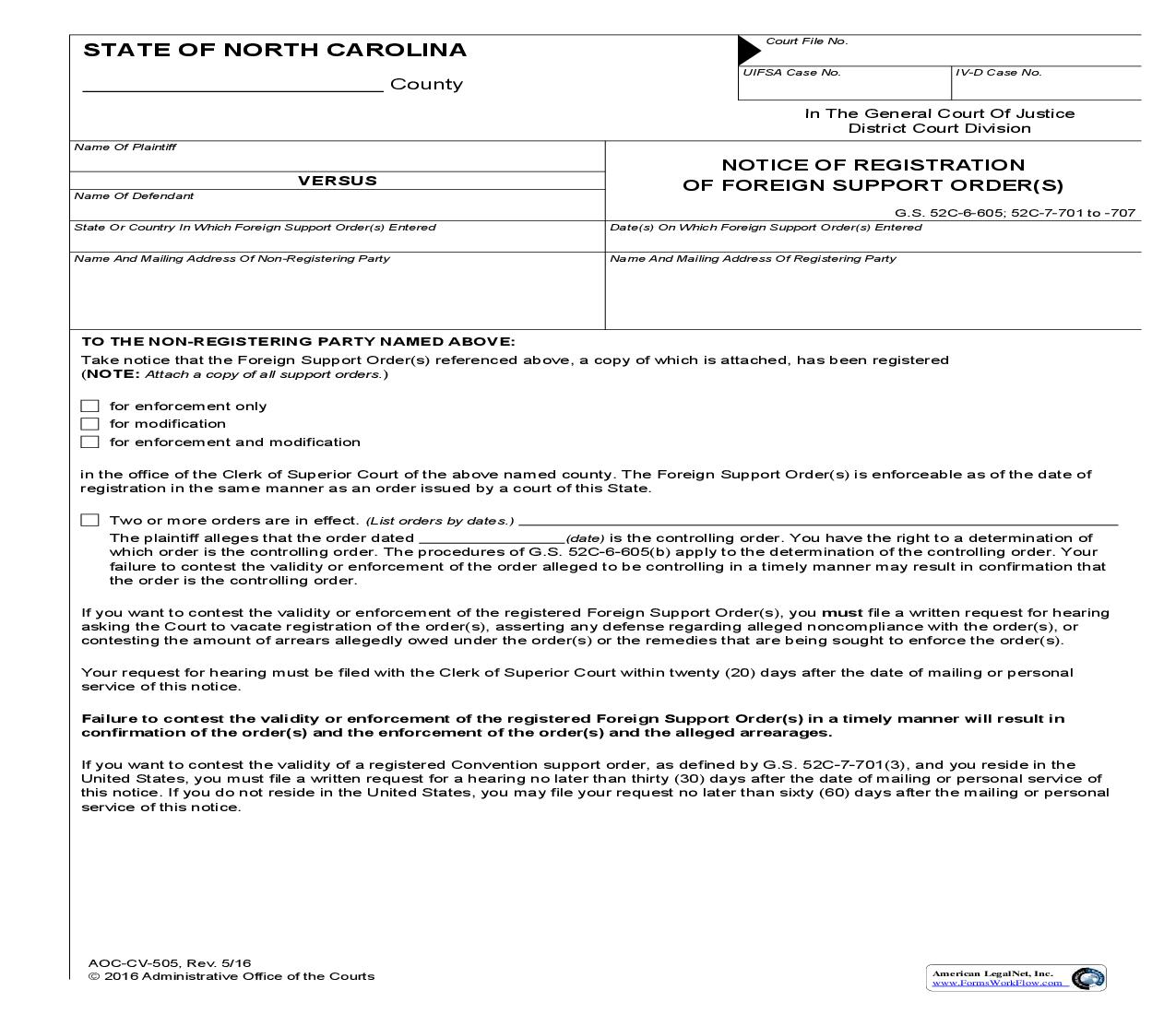 Notice Of Registration Of Foreign Support Order {CV-505} | Pdf Fpdf Doc Docx | North Carolina