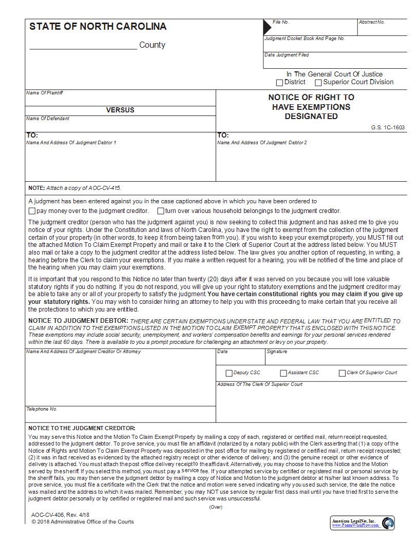 Notice Of Right To Have Exemptions Designated {CV-406} | Pdf Fpdf Docx | North Carolina