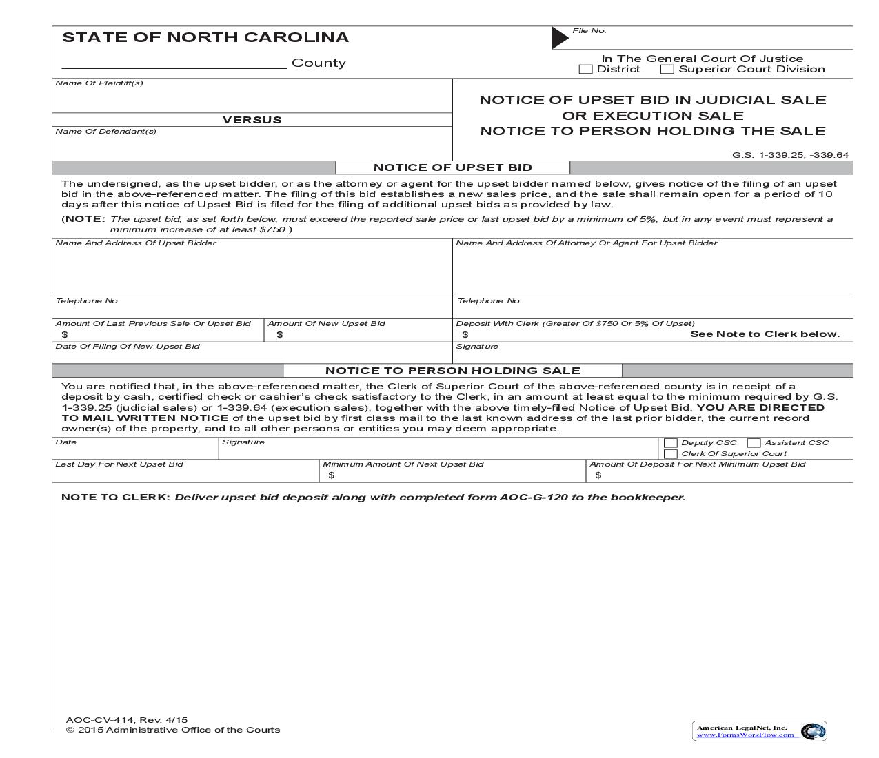 Notice Of Upset Bid In Judicial Sale Or Execution Sale To Person Holding The Sale {CV-414} | Pdf Fpdf Doc Docx | North Carolina