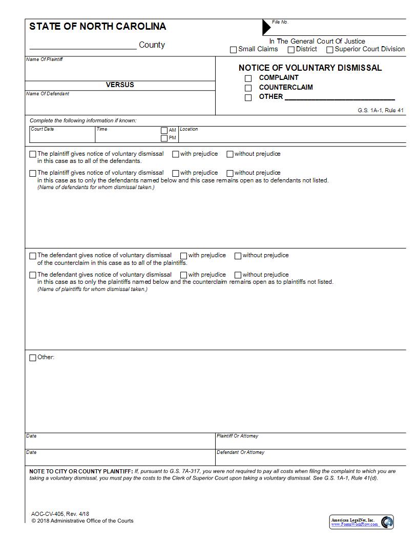 Notice Of Voluntary Dismissal {CV-405} | Pdf Fpdf Docx | North Carolina