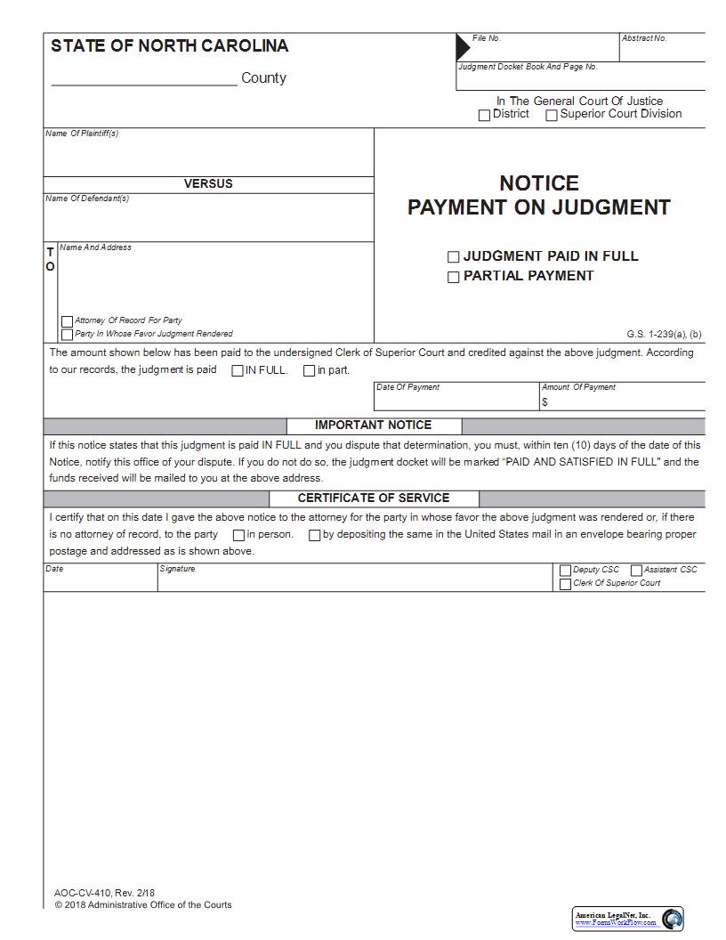 Notice Payment On Judgment Judgment Paid In Full Partial Payment {CV-410} | Pdf Fpdf Docx | North Carolina