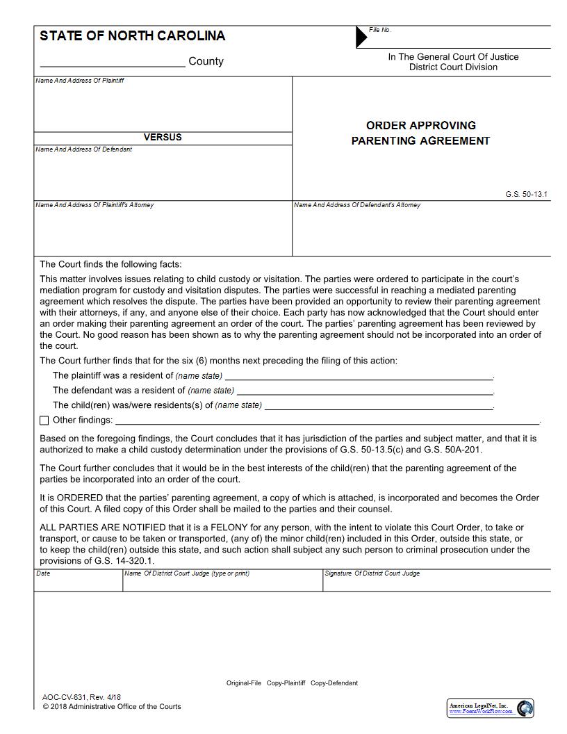 Order Approving Parenting Agreement {CV-631} | Pdf Fpdf Docx | North Carolina