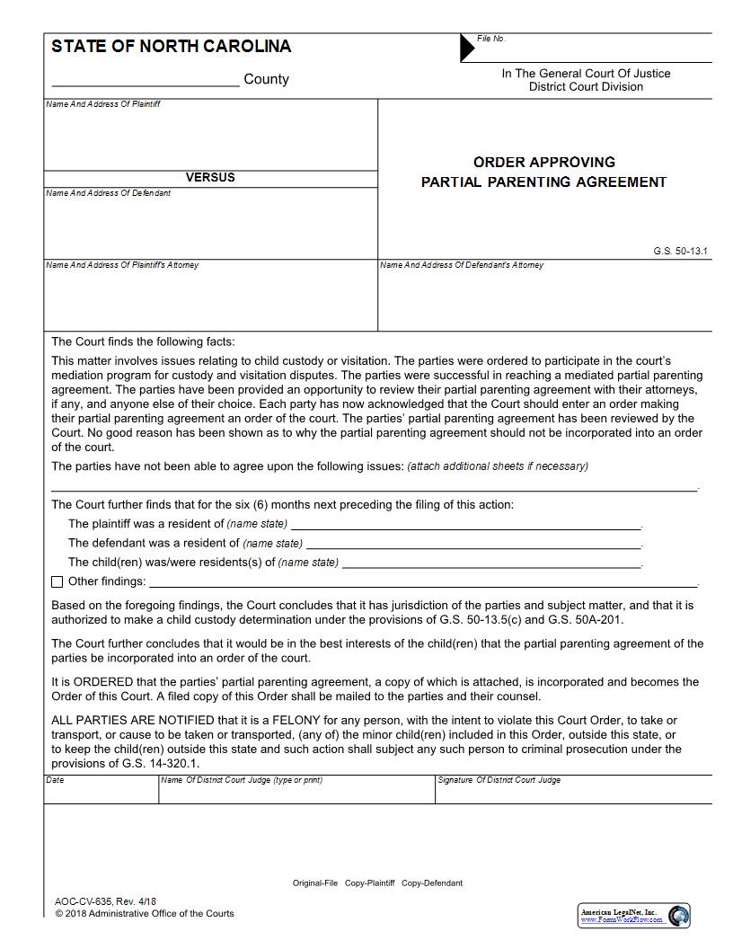 Order Approving Partial Parenting Agreement {CV-635} | Pdf Fpdf Docx | North Carolina