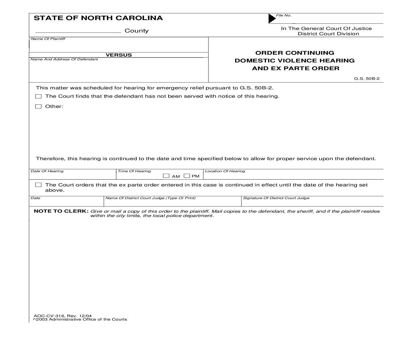Order Continuing Domestic Violence Hearing and Ex Parte Order {CV-316} | Pdf Fpdf Doc Docx | North Carolina
