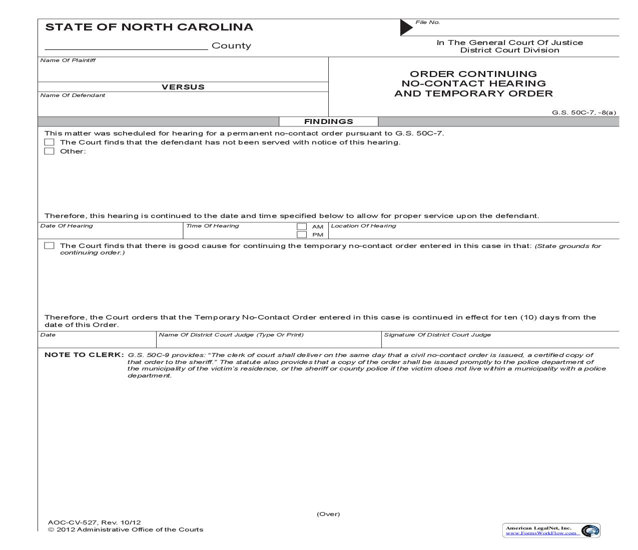 Order Continuing No Contact Hearing And Temporary Order {CV-527} | Pdf Fpdf Doc Docx | North Carolina