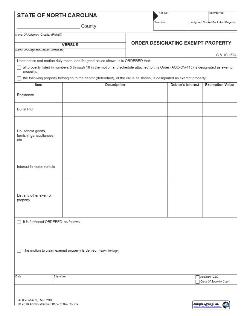 Order Designating Exempt Property {CV-409} | Pdf Fpdf Docx | North Carolina