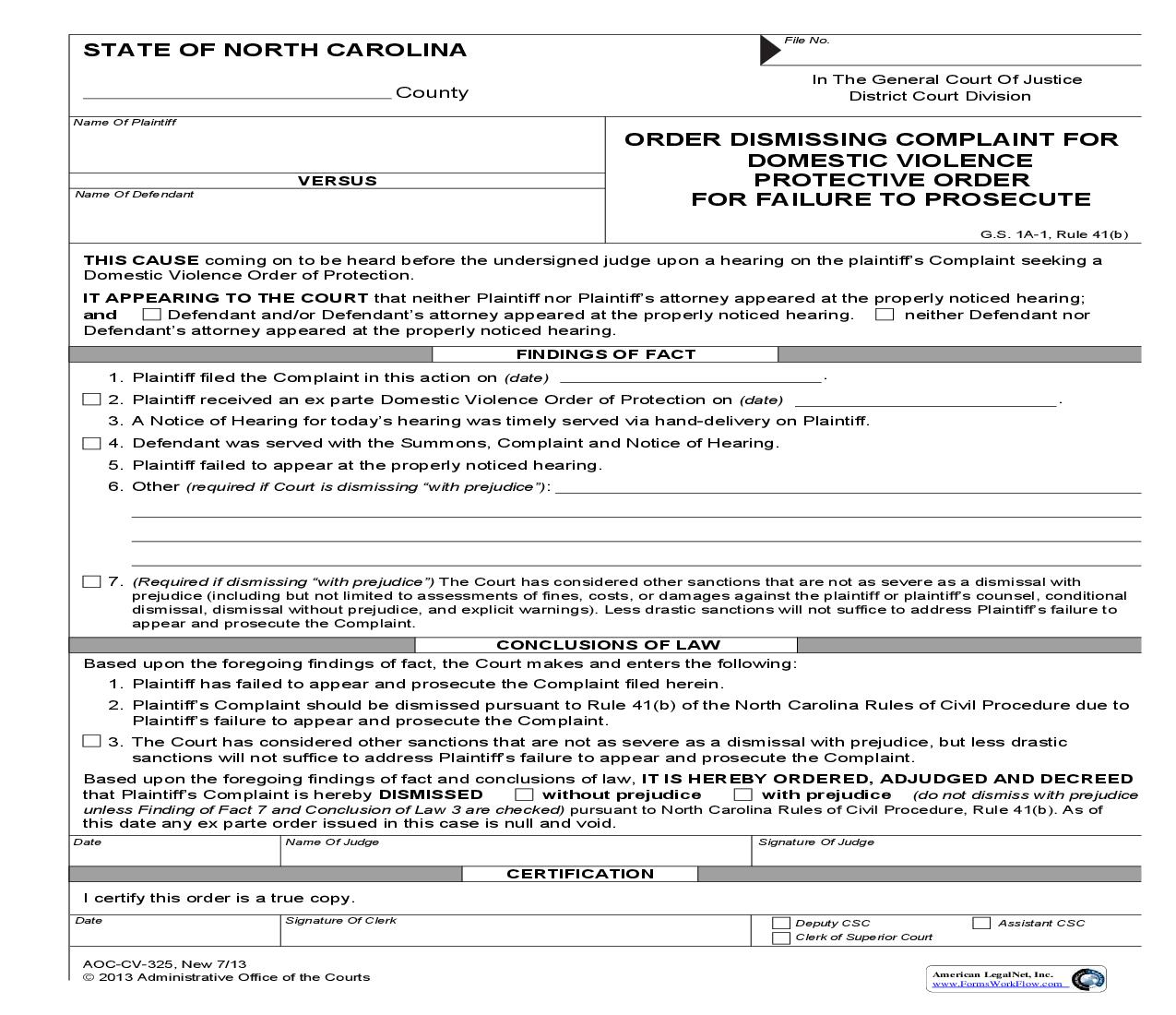 Order Dismissing Complaint For Domestic Violence Protective Order For Failure To Prosecute {CV-325} | Pdf Fpdf Doc Docx | North Carolina