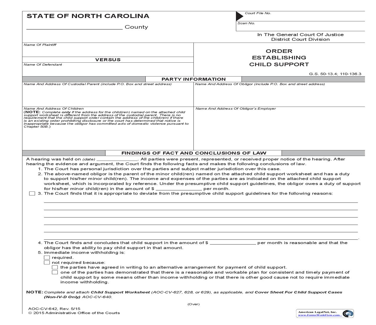 Order Establishing Child Support {CV-642} | Pdf Fpdf Doc Docx | North Carolina