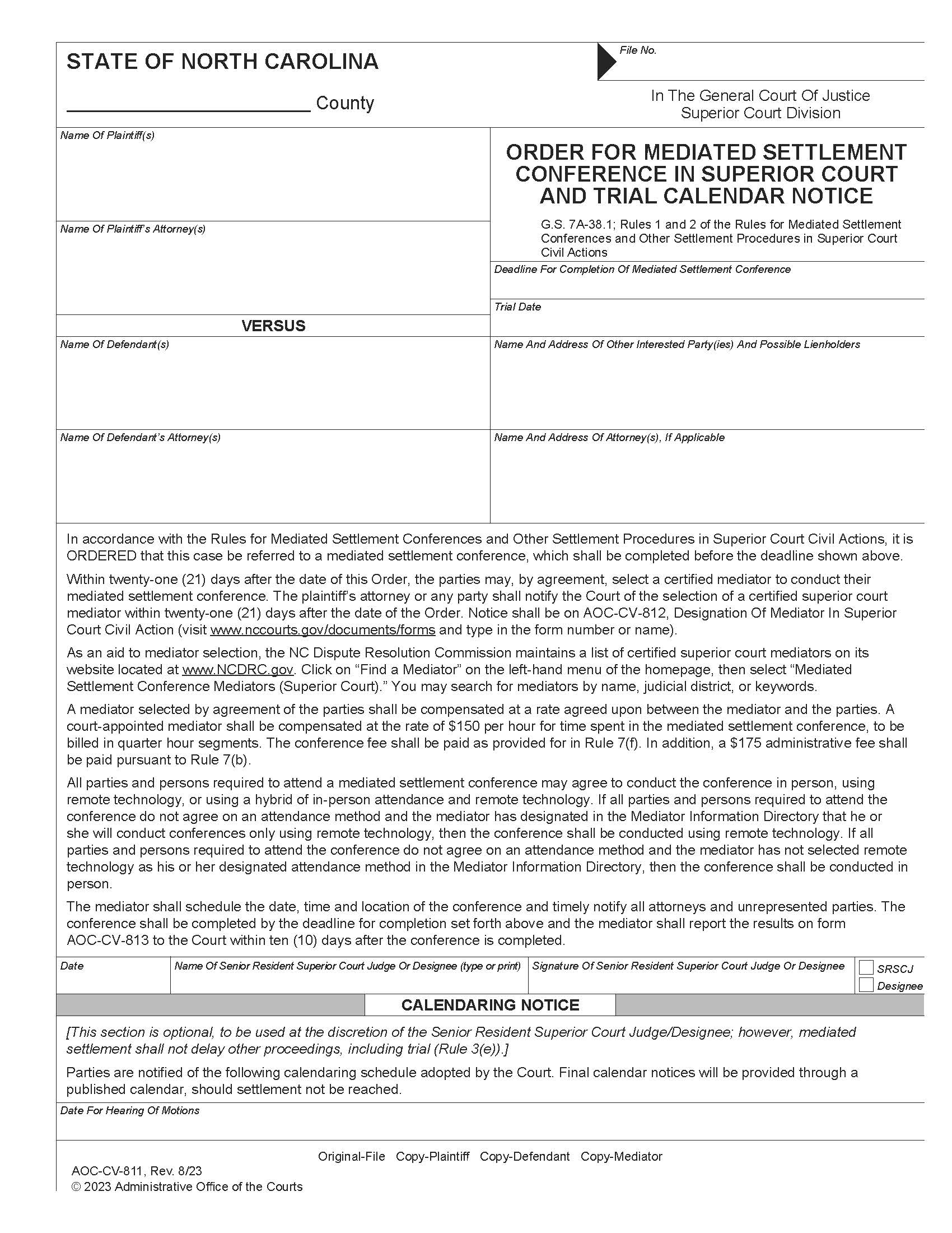 Order For Mediated Settlement Conference And Trial Calendar Notice {CV-811} | Pdf Fpdf Doc Docx | North Carolina