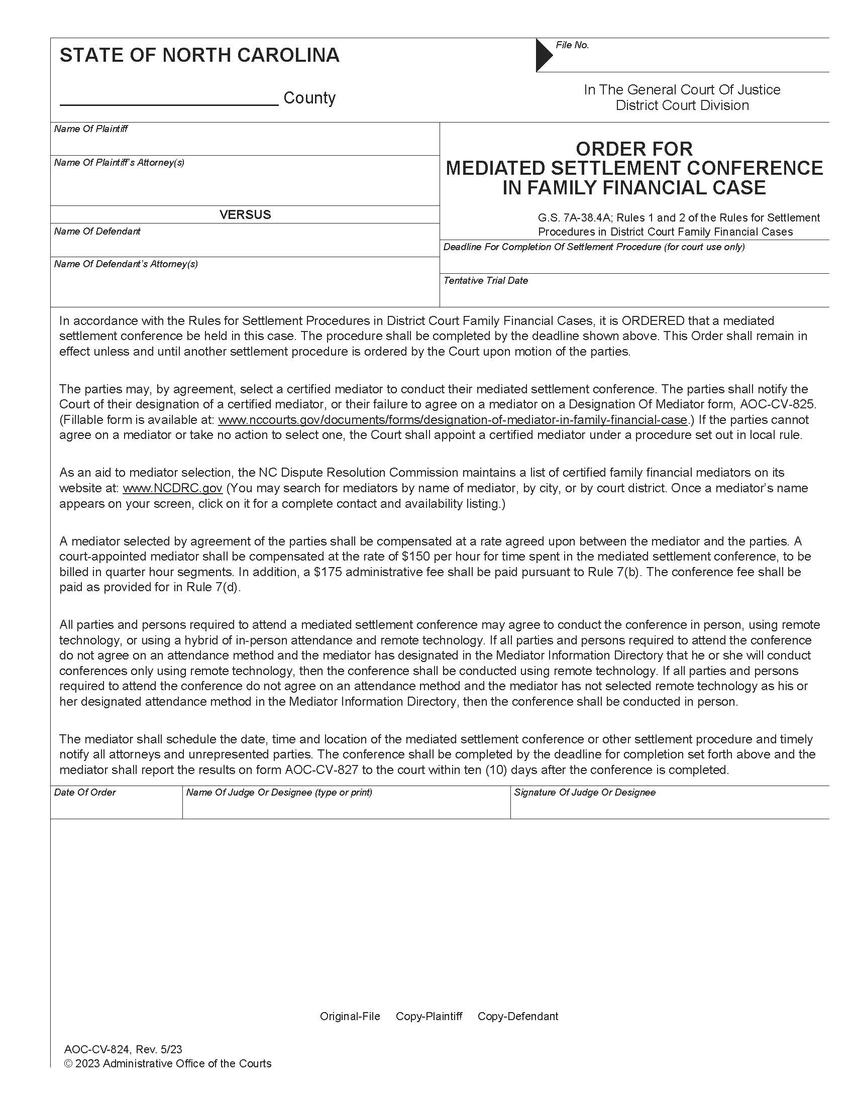 Order For Mediated Settlement Conference In Family Financial Case {CV-824} | Pdf Fpdf Doc Docx | North Carolina