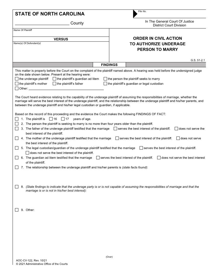 Order In Civil Action To Authorize Underage Person To Marry {CV-122} | Pdf Fpdf Doc Docx | North Carolina