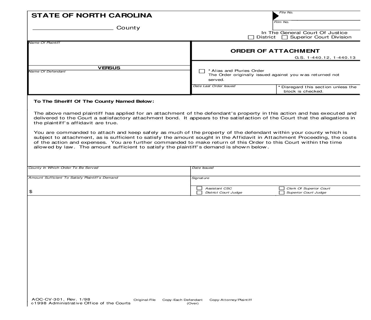 Order Of Attachment {CV-301} | Pdf Fpdf Doc Docx | North Carolina