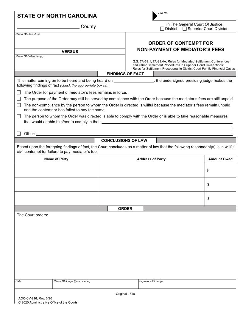 Order Of Contempt For Non Payment Of Mediators Fees {CV-816} | Pdf Fpdf Doc Docx | North Carolina