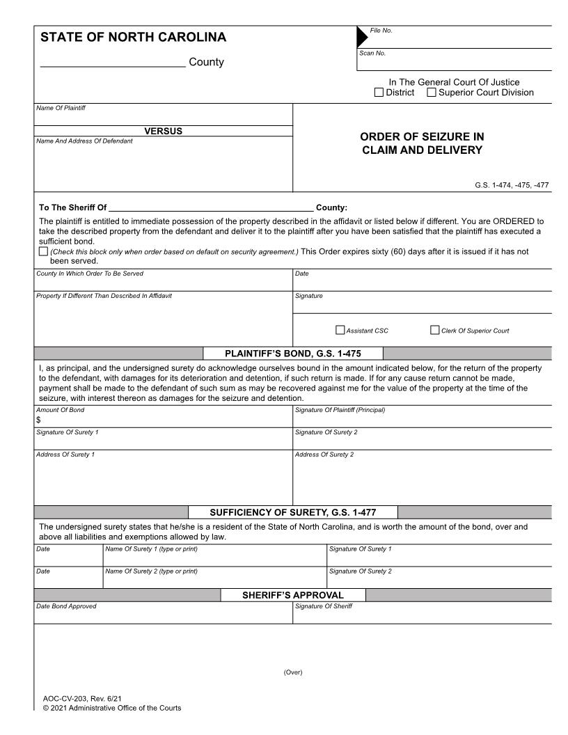 Order Of Seizure In Claim And Delivery {CV-203} | Pdf Fpdf Doc Docx | North Carolina