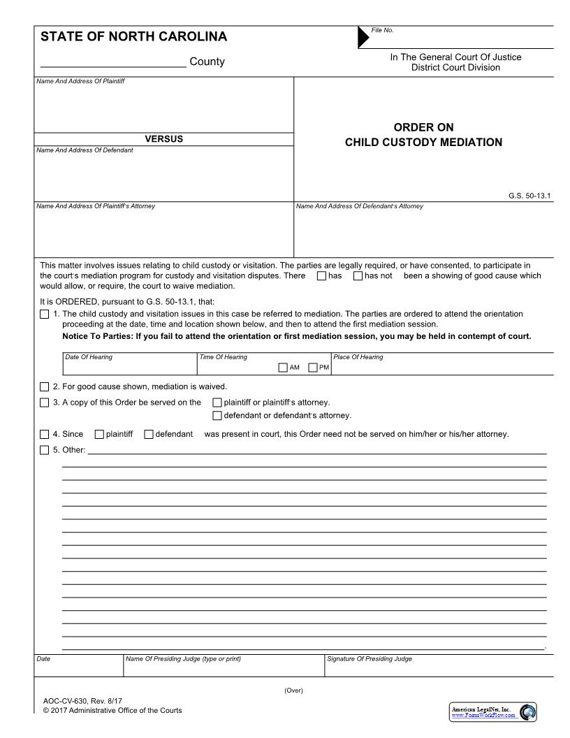 Order On Child Custody Mediation {CV-630} | Pdf Fpdf Docx | North Carolina