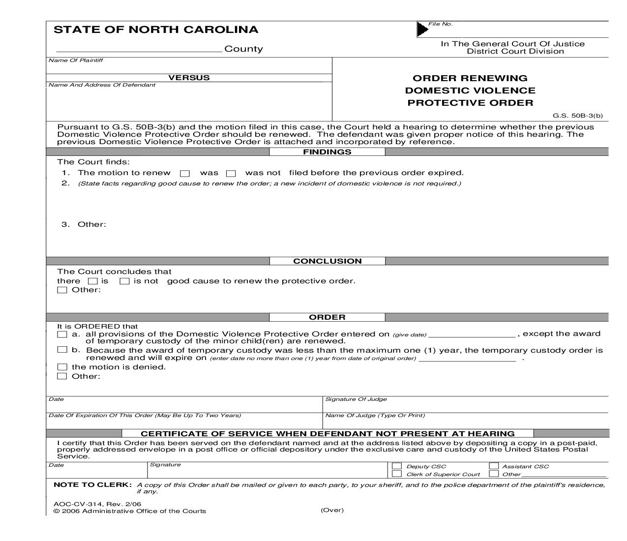 Order Renewing Domestic Violence Protective Order {CV-314} | Pdf Fpdf Doc Docx | North Carolina