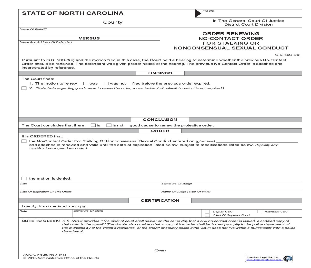 Order Renewing No Contact Order For Stalking Or Nonconsensual Sexual Conduct {CV-526}  | Pdf Fpdf Doc Docx | North Carolina