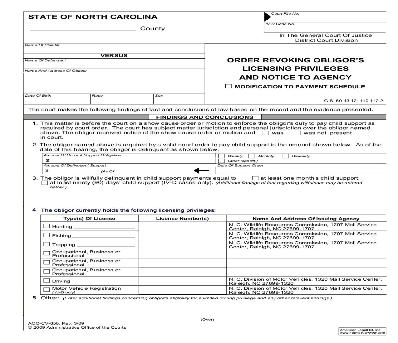 Order Revoking Obligors Licensing Privileges And Notice To Agency {CV-650} | Pdf Fpdf Doc Docx | North Carolina