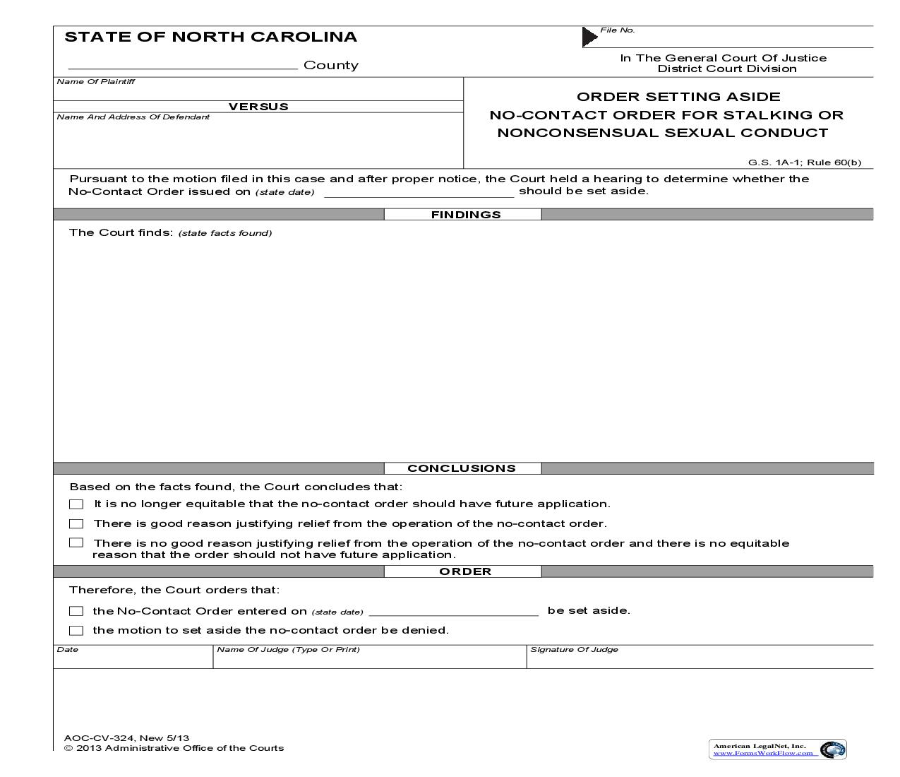 Order Setting Aside No Contact Order For Stalking Or Nonconsensual Sexual Conduct {CV-324} | Pdf Fpdf Doc Docx | North Carolina