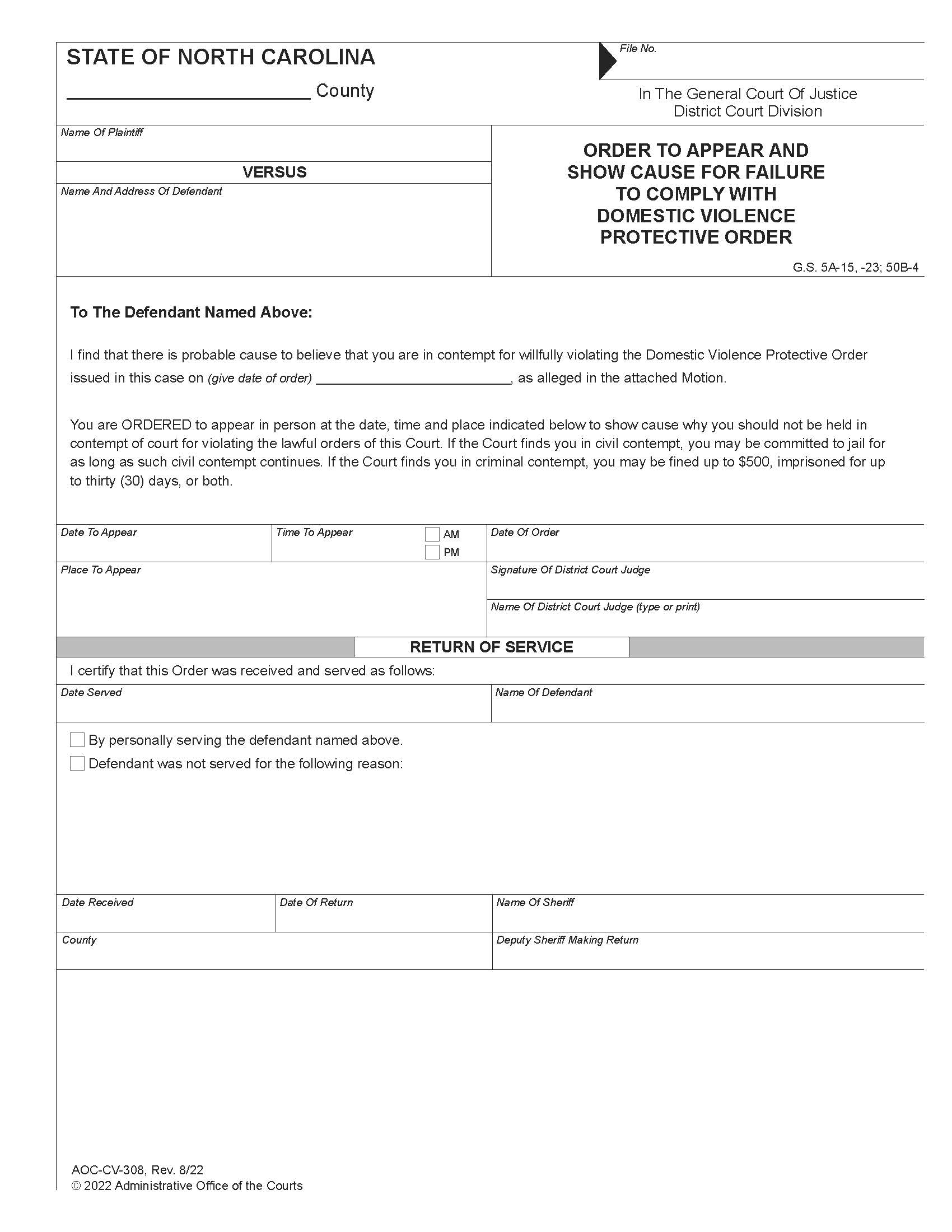 Order To Appear And Show Cause For Failure To Comply With Domestic Violence Protective Order {CV-308} | Pdf Fpdf Doc Docx | North Carolina