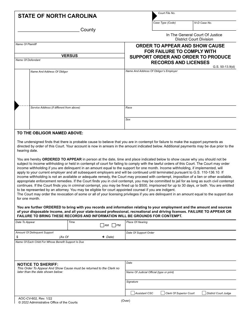 Order To Appear And Show Cause For Failure To Comply With Support Order And Order To Produce Records And Licenses {CV-602} | Pdf Fpdf Doc Docx | North Carolina