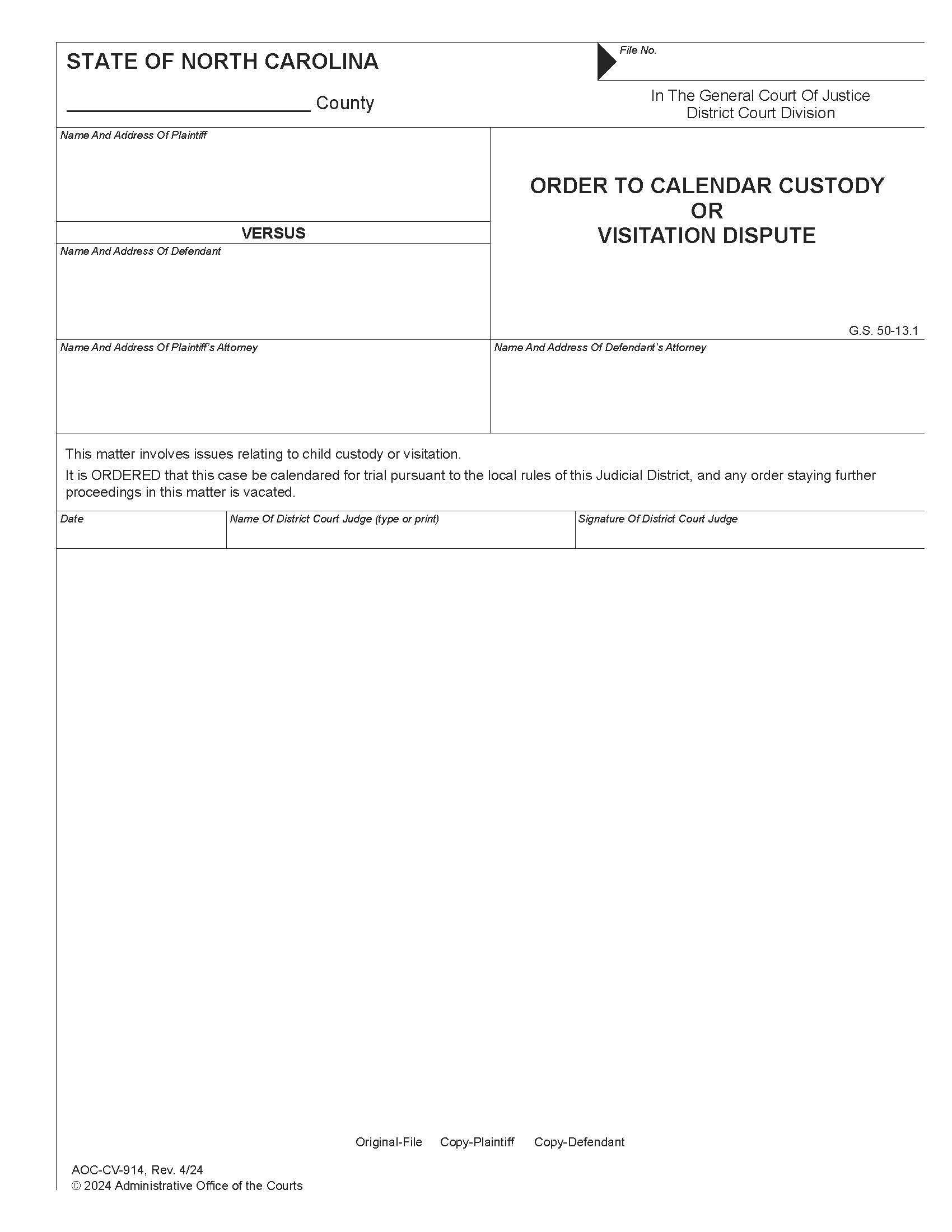 Order To Calendar Custody Or Visitation Dispute {CV-914} | Pdf Fpdf Doc Docx | North Carolina