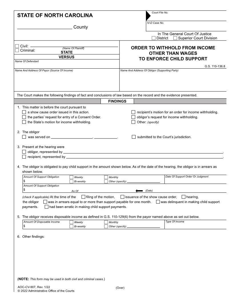 Order To Withhold From Income Other Than Wages To Enforce Child Support {CV-907M} | Pdf Fpdf Doc Docx | North Carolina