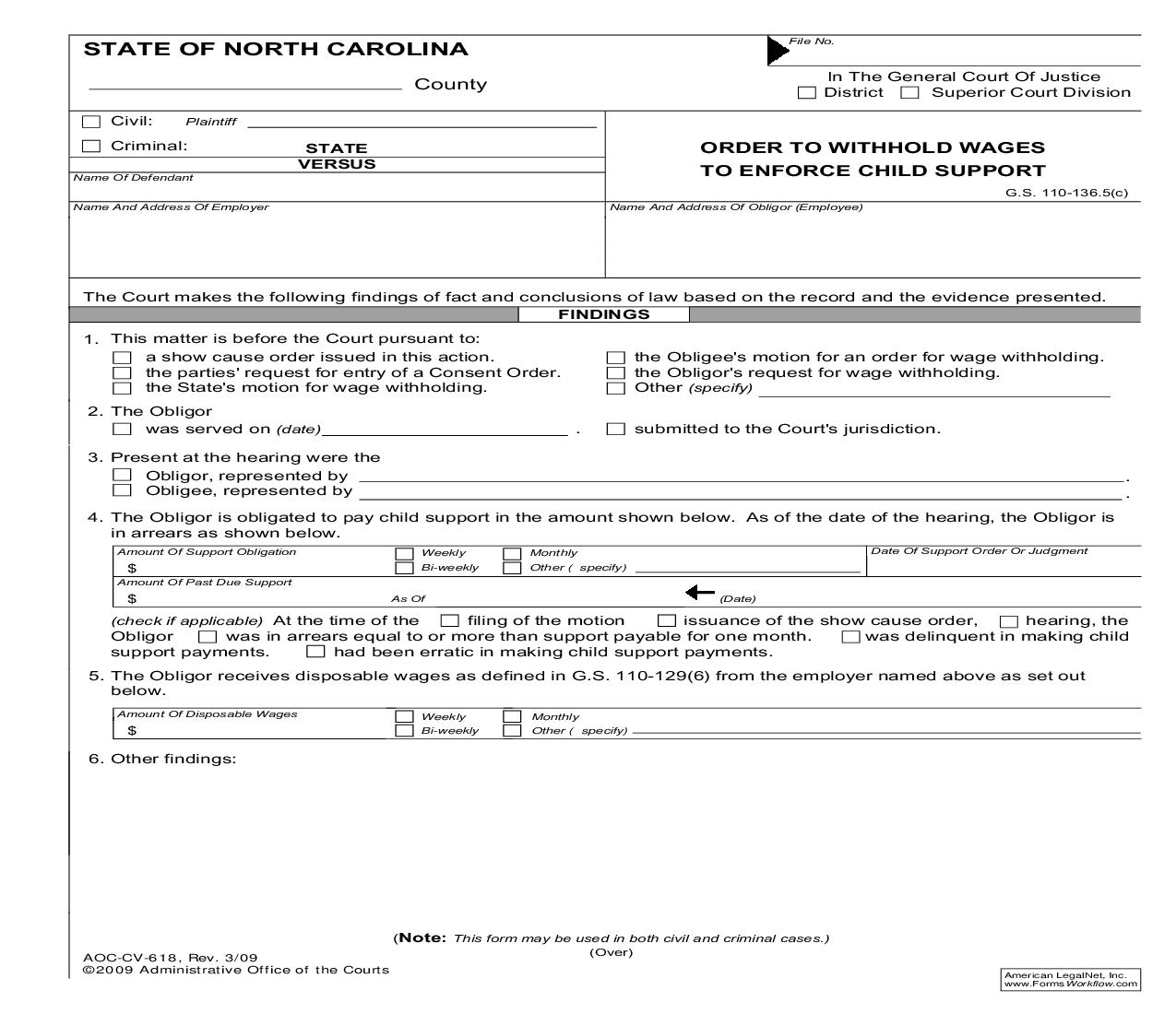 Order To Withhold Wages To Enforce Child Support {CV-618} | Pdf Fpdf Doc Docx | North Carolina