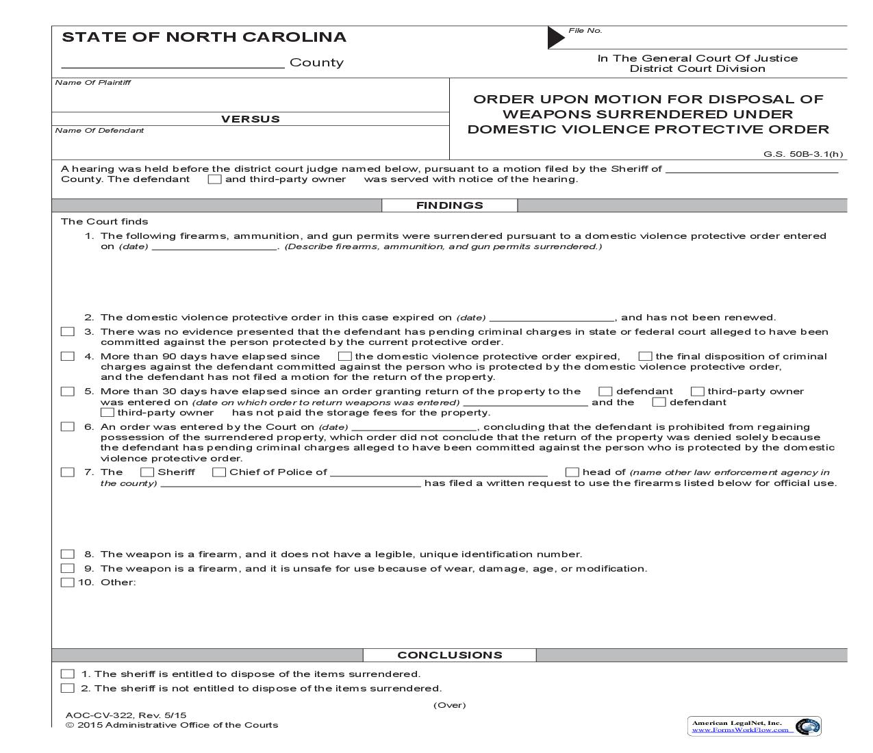 Order Upon Motion For Disposal Of Weapons Surrendered Under Domestic Violence Proctective Order {CV-322} | Pdf Fpdf Doc Docx | North Carolina