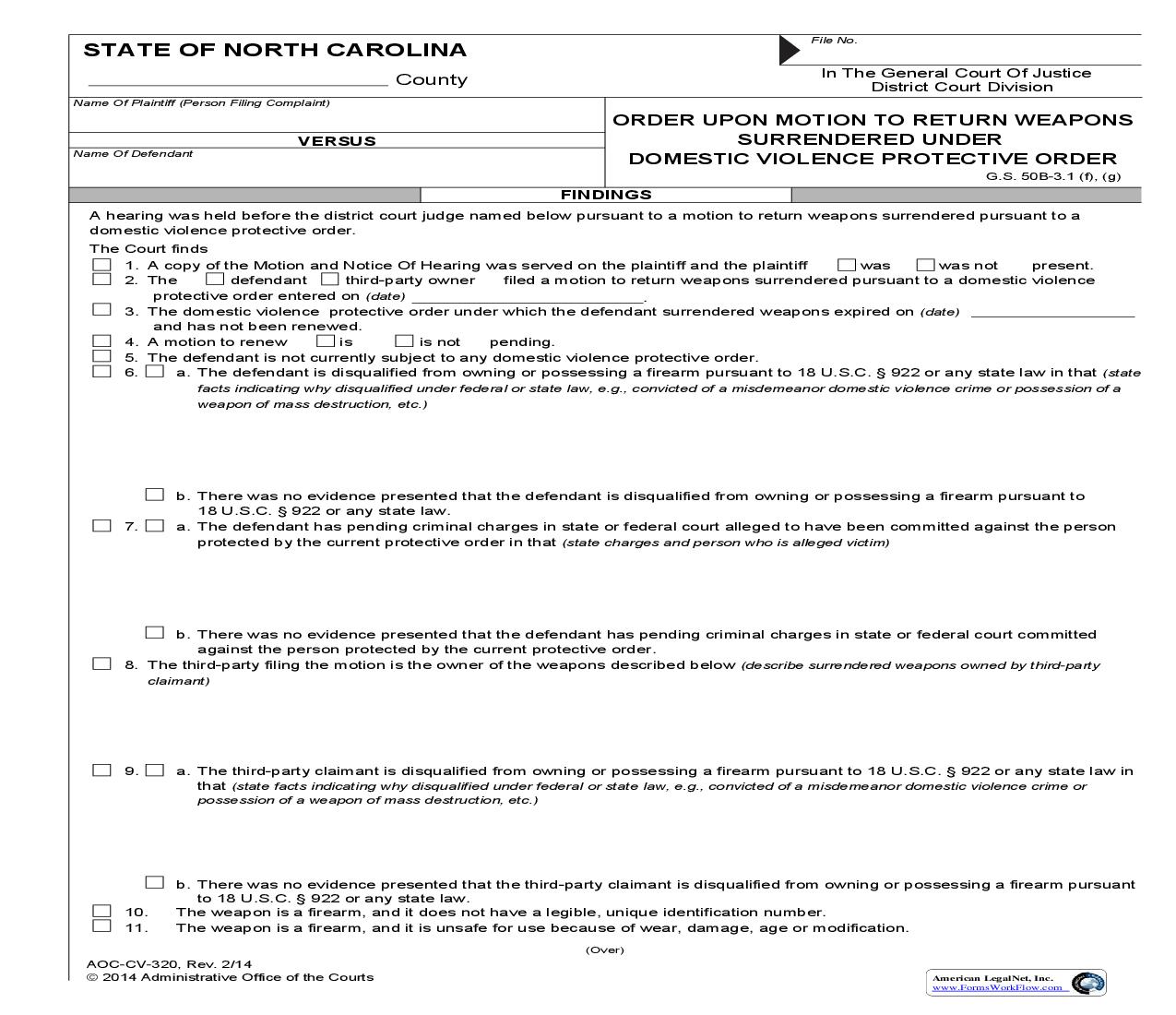 Order Upon Motion To Return Weapons Surrendered Under Domestic Violence Protective Order {CV-320} | Pdf Fpdf Doc Docx | North Carolina