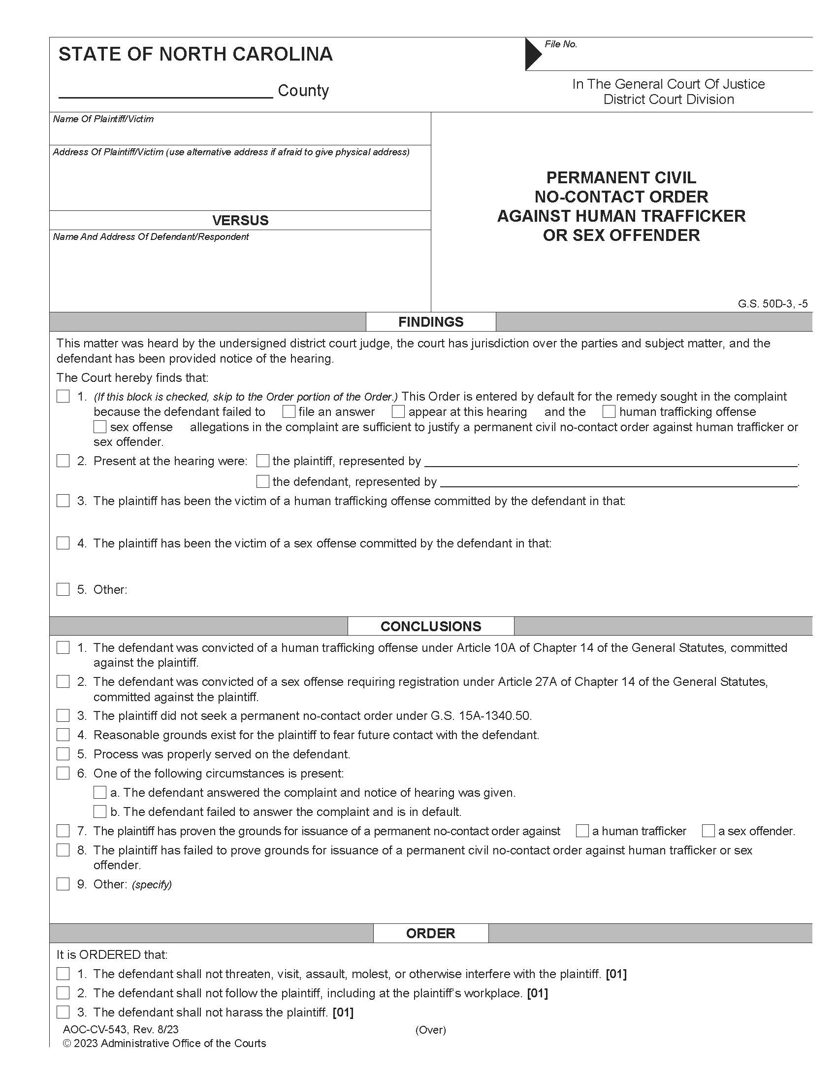 Permanent Civil No Contact Order Against Sex Offender {CV-543} | Pdf Fpdf Doc Docx | North Carolina