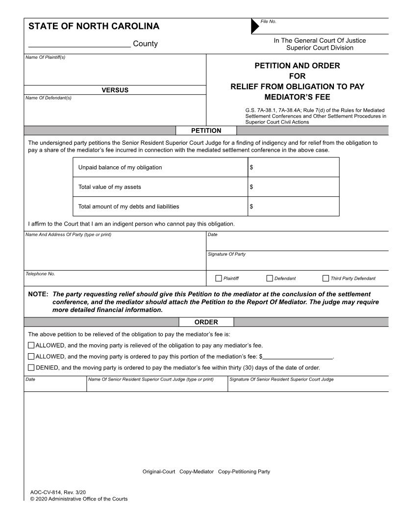 Petition And Order For Relief From Obligation To Pay Mediators Fee {CV-814} | Pdf Fpdf Doc Docx | North Carolina