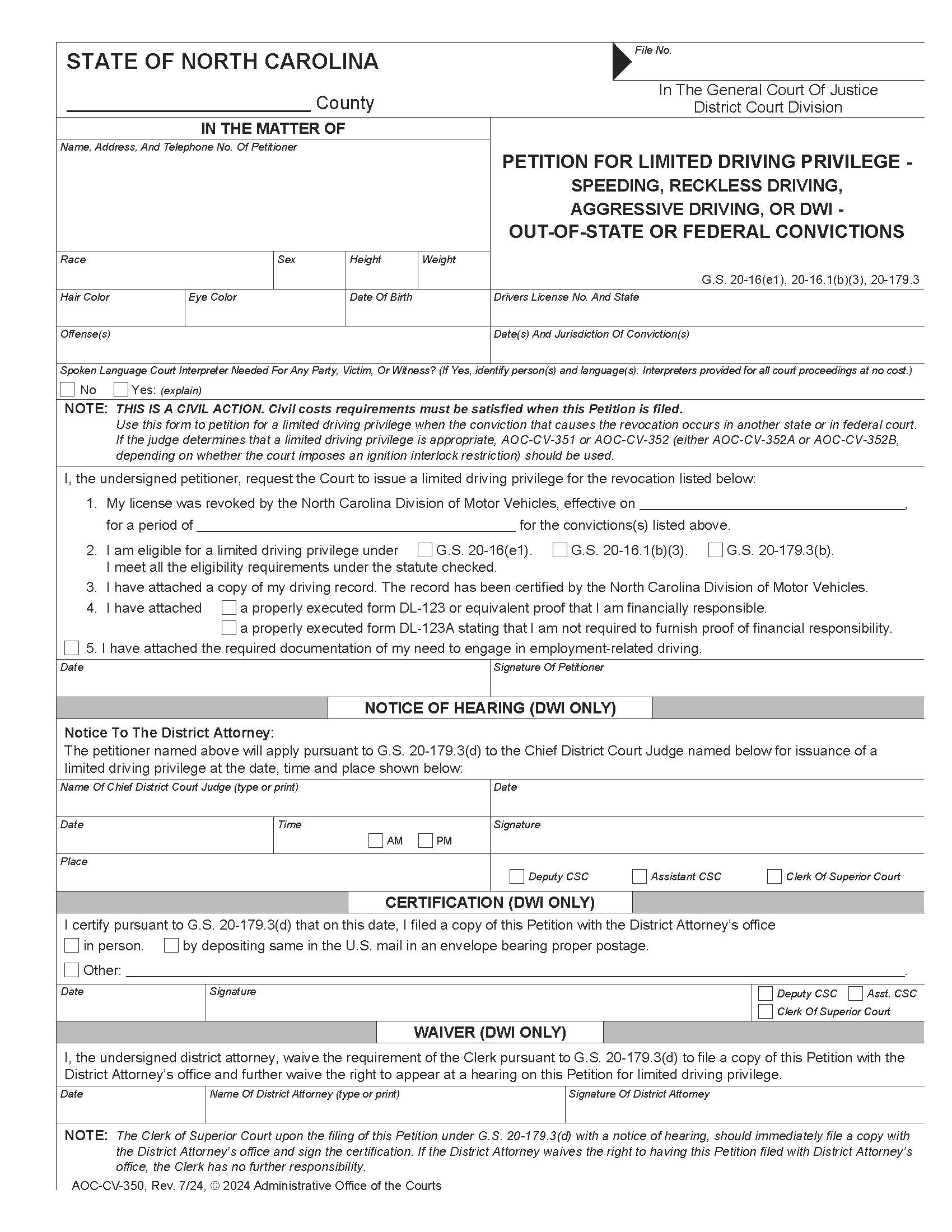 Petition For Limited Driving Privilege {CV-350} | Pdf Fpdf Docx | North Carolina