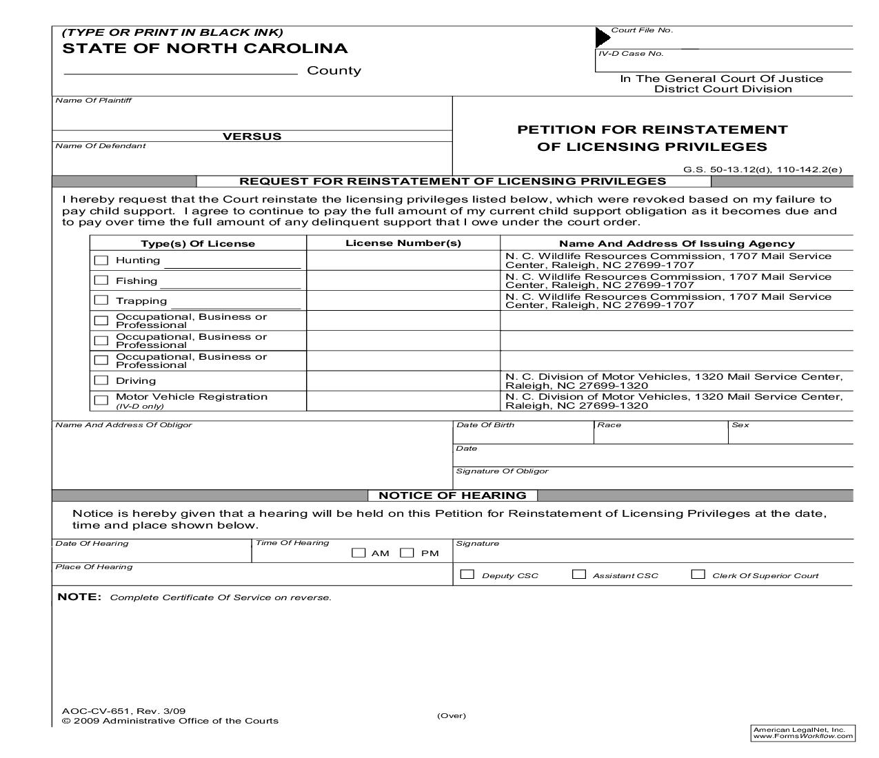 Petition For Reinstatement Of Licensing Privileges {CV-651} | Pdf Fpdf Doc Docx | North Carolina