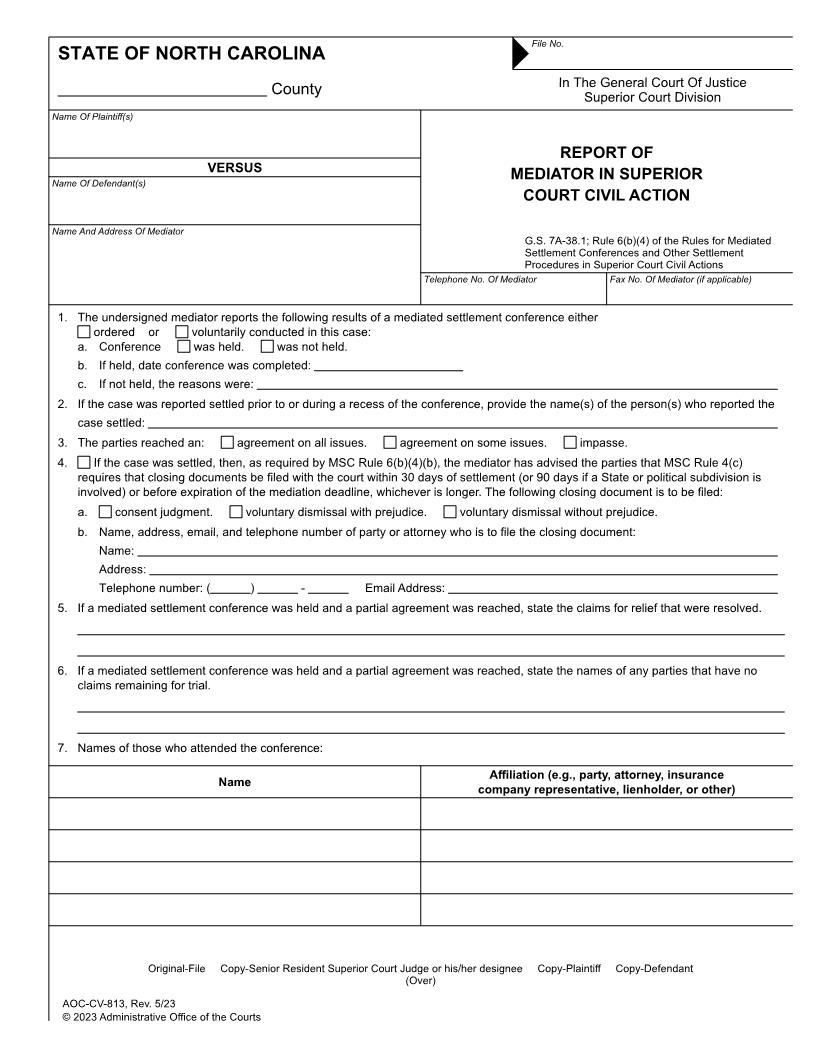 Report Of Mediator {CV-813} | Pdf Fpdf Doc Docx | North Carolina