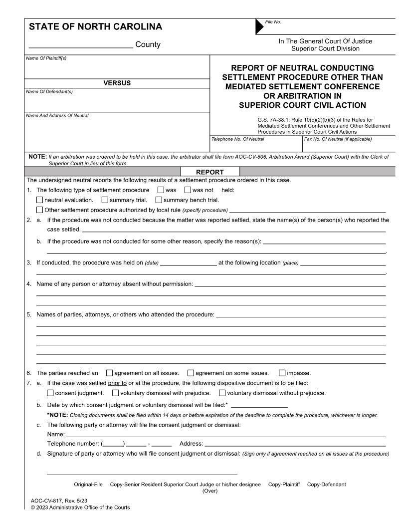 Report Of Neutral Conducting Settlement Procedure {CV-817} | Pdf Fpdf Docx | North Carolina