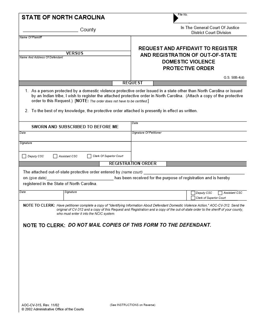 Request And Affidavit To Register And Registration Of Out Of State Domestic Violence Protective Order {CV-315} | Pdf Fpdf Doc Docx | North Carolina