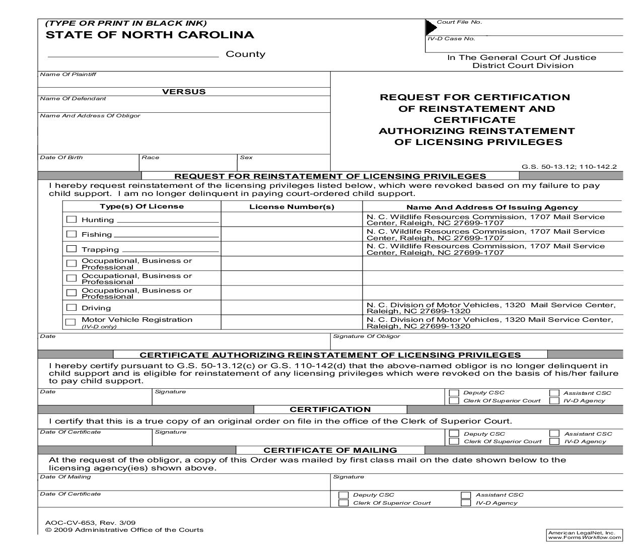 Request For Certification Of Reinstatement And Certificate Authorizing Reinstatement Of Licensing Privileges {CV-653} | Pdf Fpdf Doc Docx | North Carolina