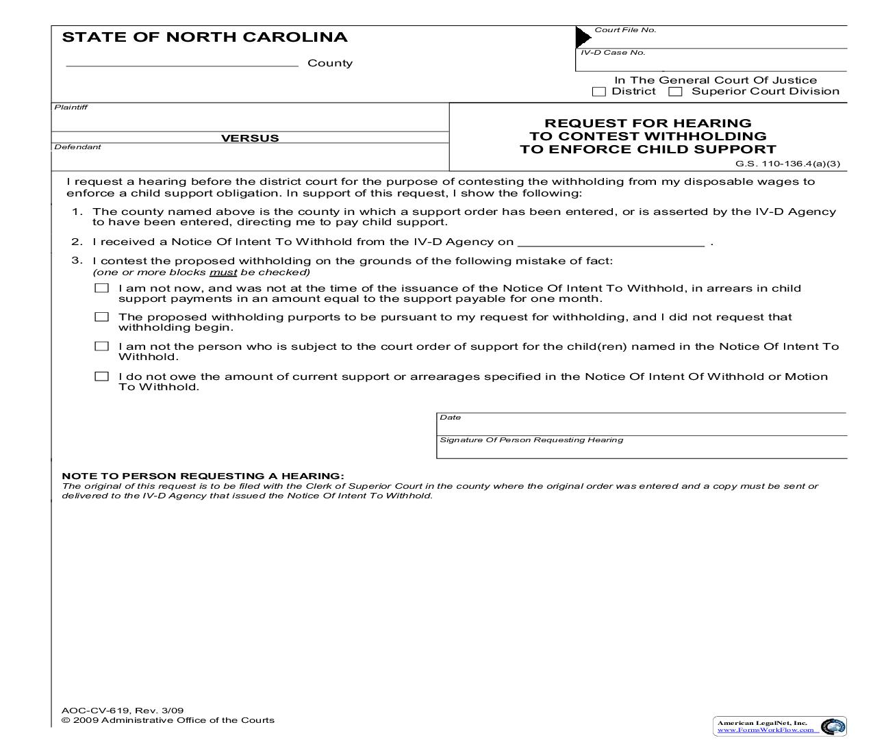 Request For Hearing To Contest Withholding To Enforce Child Support {CV-619} | Pdf Fpdf Doc Docx | North Carolina
