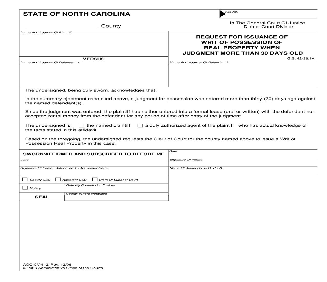 Request For Issuance Of Writ Of Possession Of Real Property When Judgment More Than 30 Days Old {CV-412} | Pdf Fpdf Doc Docx | North Carolina