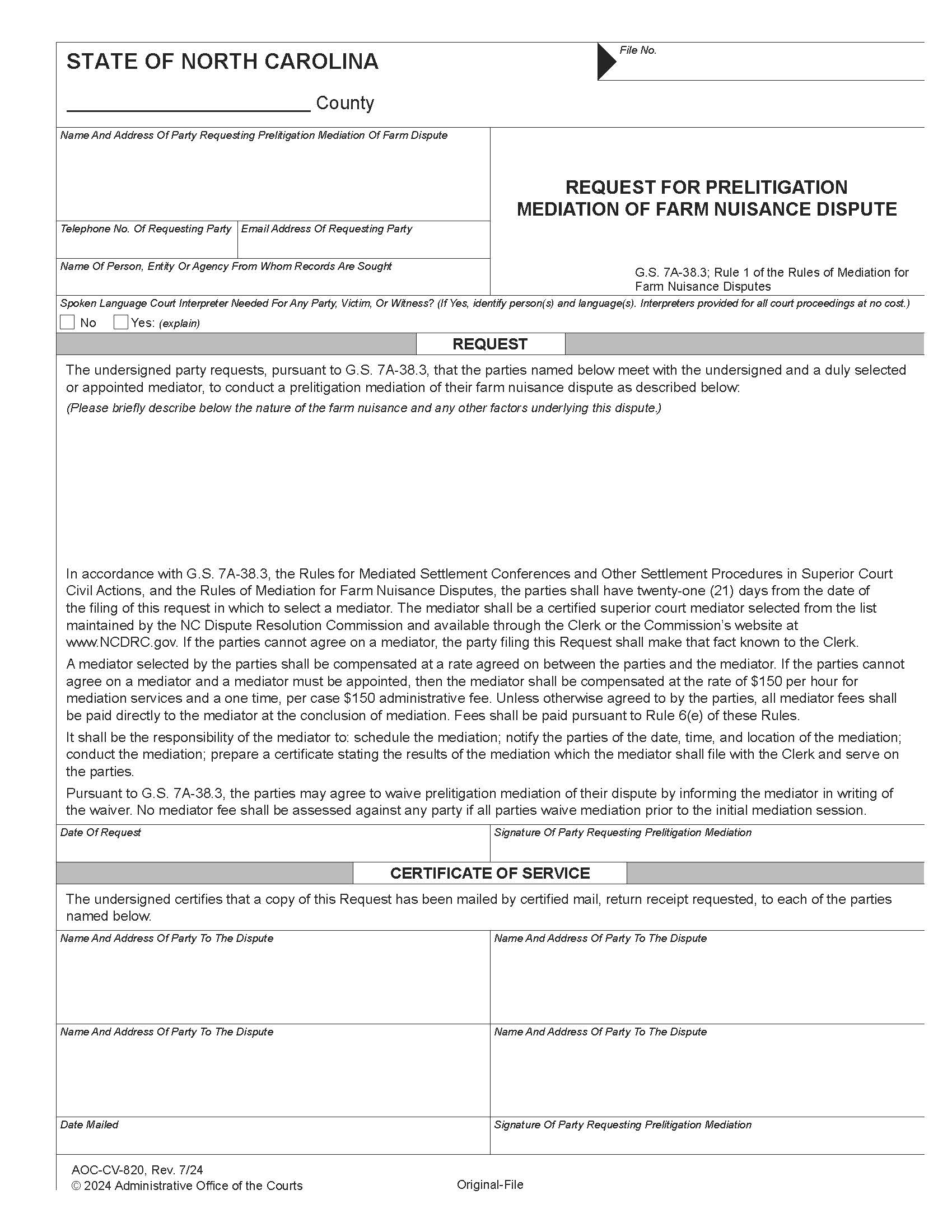 Request For Prelitigation Mediation Of Farm Nuisance Dispute {CV-820} | Pdf Fpdf Docx | North Carolina