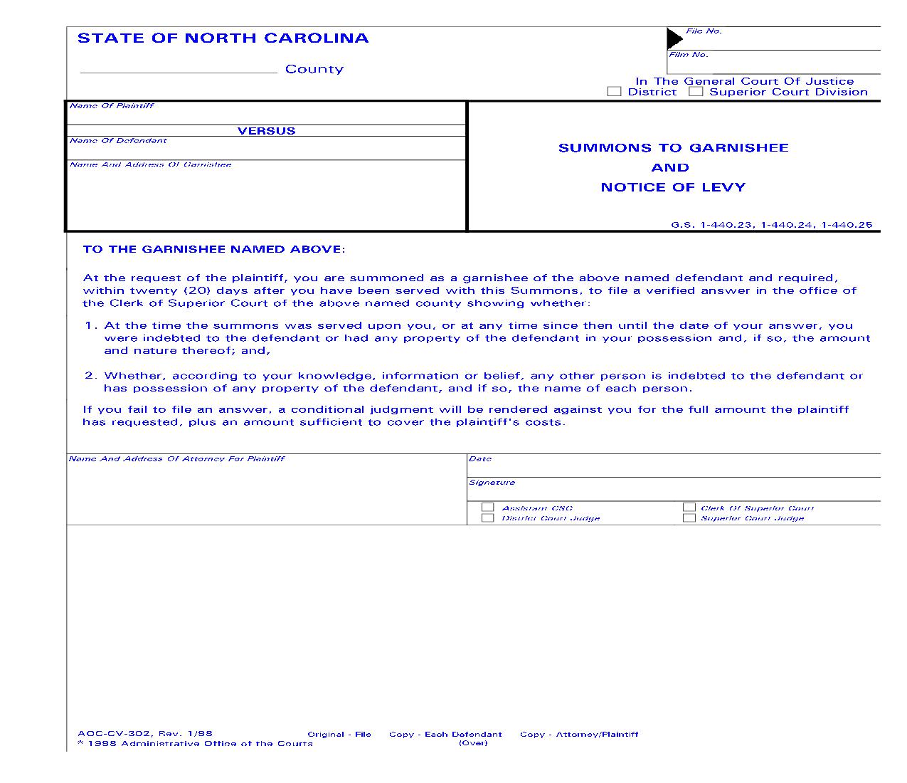Summons To Garnishee And Notice Of Levy {CV-302} | Pdf Fpdf Doc Docx | North Carolina