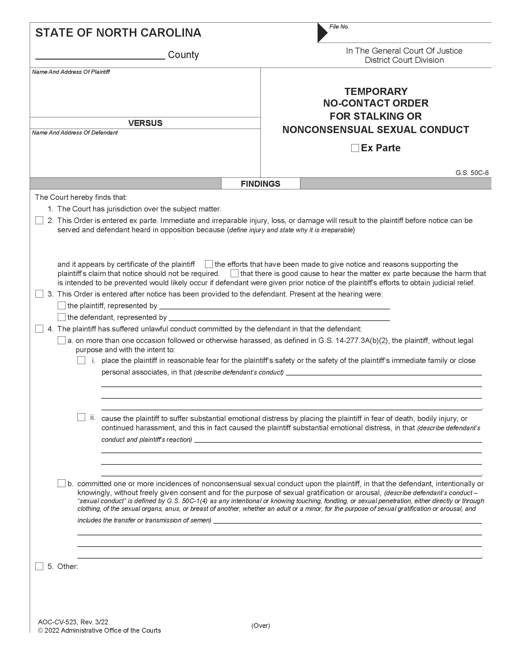 Temporary No Contact Order For Stalking Or Nonconsensual Sexual Conduct {CV-523} | Pdf Fpdf Doc Docx | North Carolina