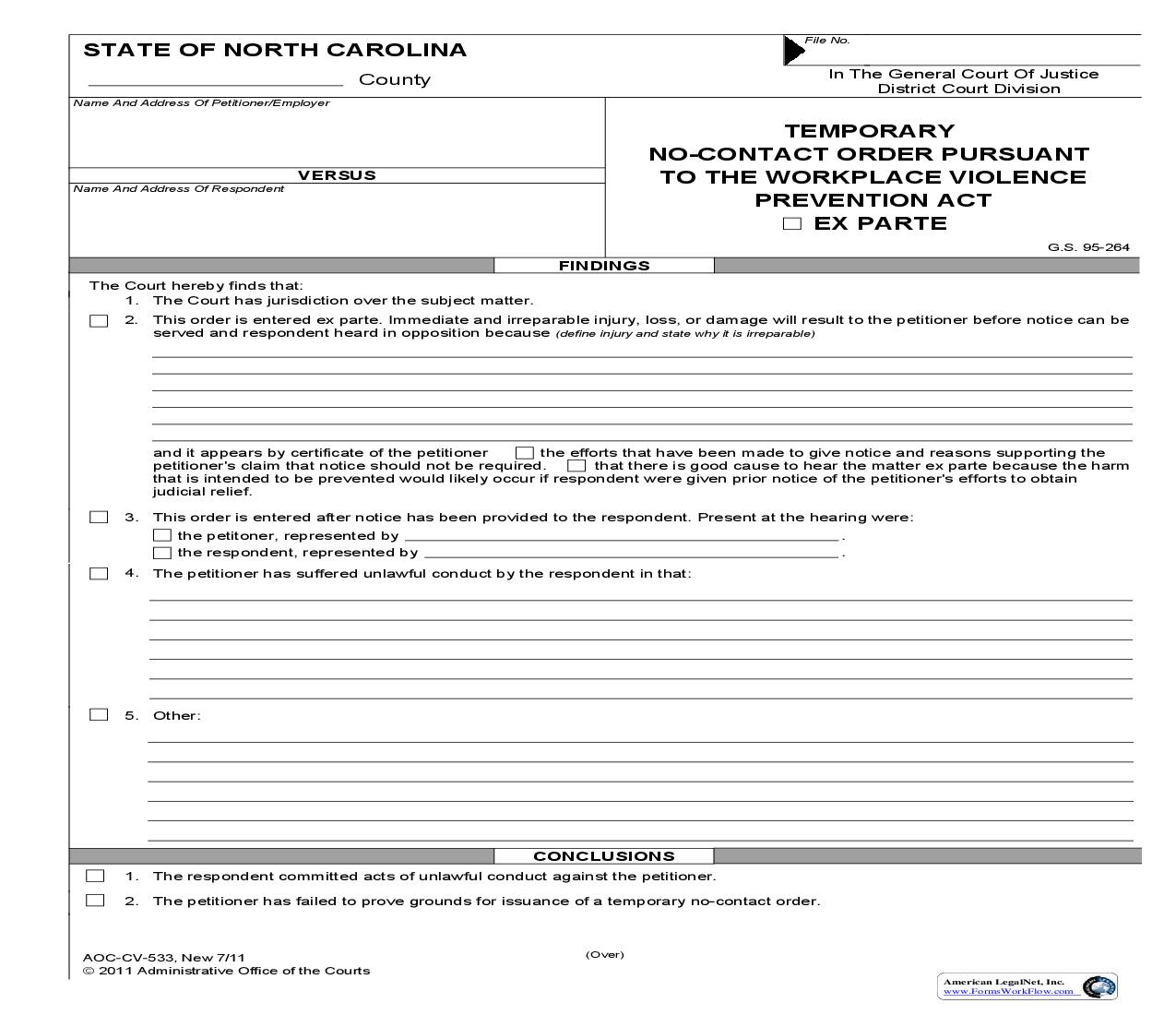 Temporary No Contact Order Pursuant To The Workplace Violence Prevention Act Ex Parte {CV-533} | Pdf Fpdf Doc Docx | North Carolina