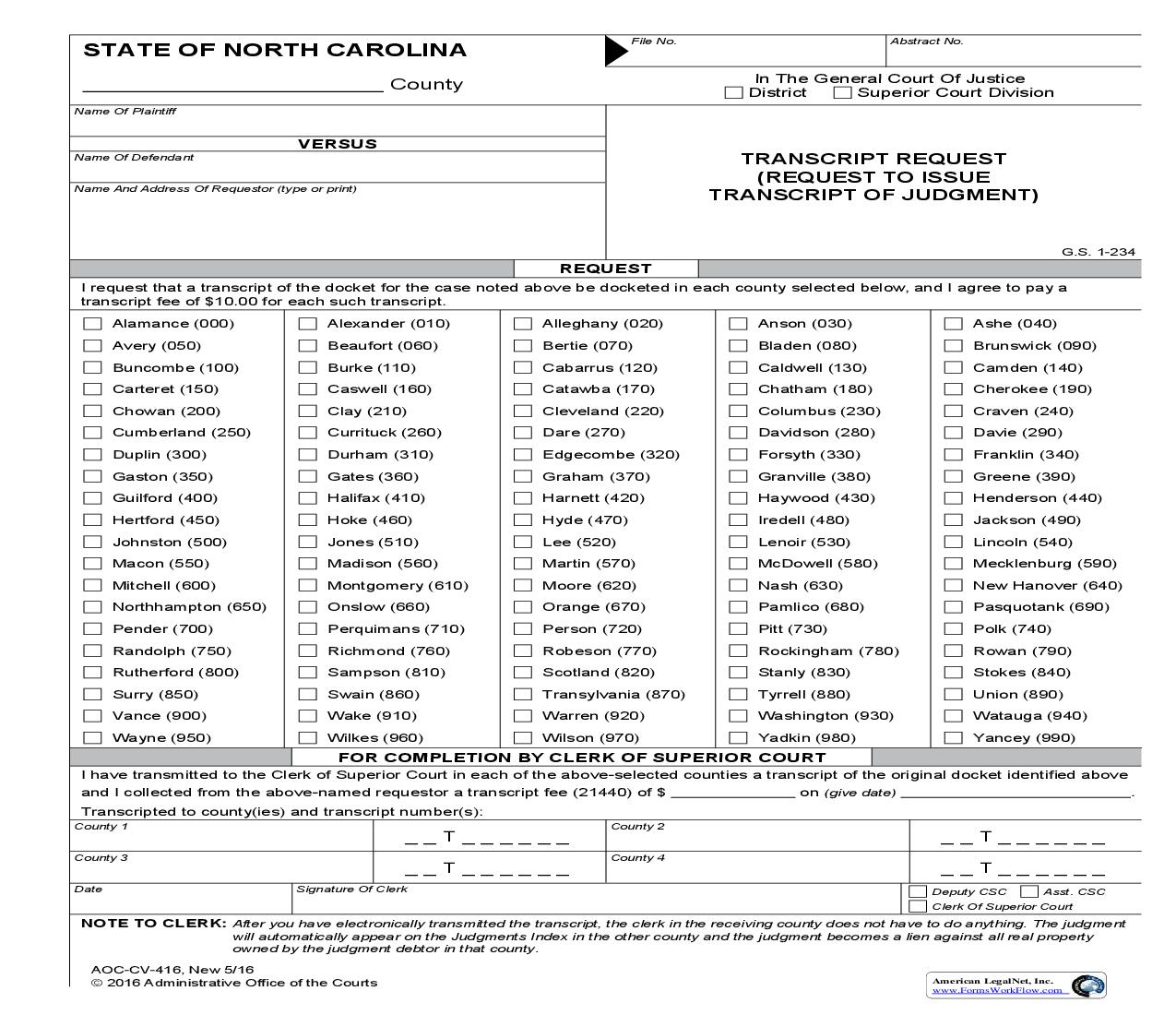 Transcript Request {CV-416} | Pdf Fpdf Doc Docx | North Carolina