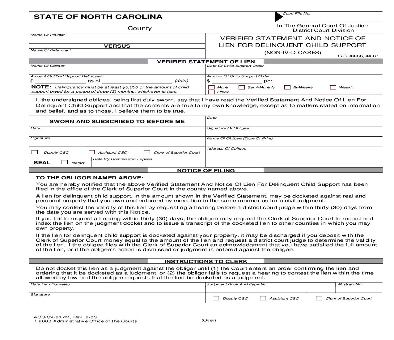 Verified Statement And Notice Of Lien For Delinquent Child Support {CV-917M} | Pdf Fpdf Doc Docx | North Carolina
