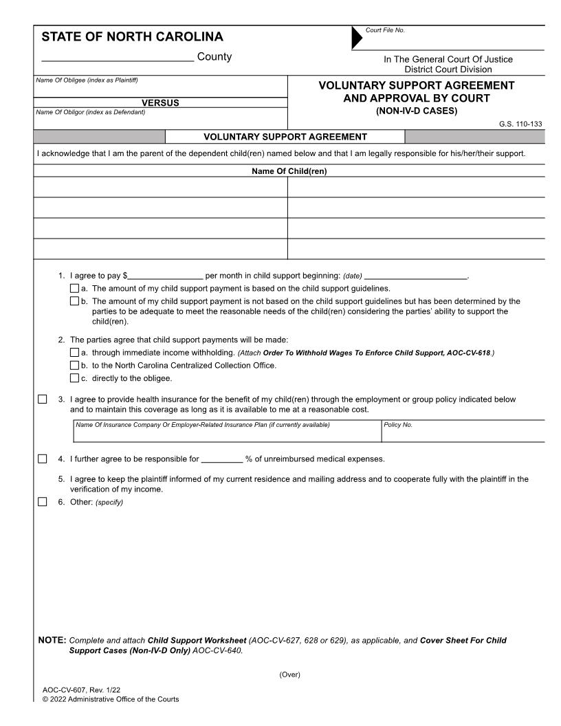Voluntary Support Agreement And Approval By Court {CV-607} | Pdf Fpdf Doc Docx | North Carolina