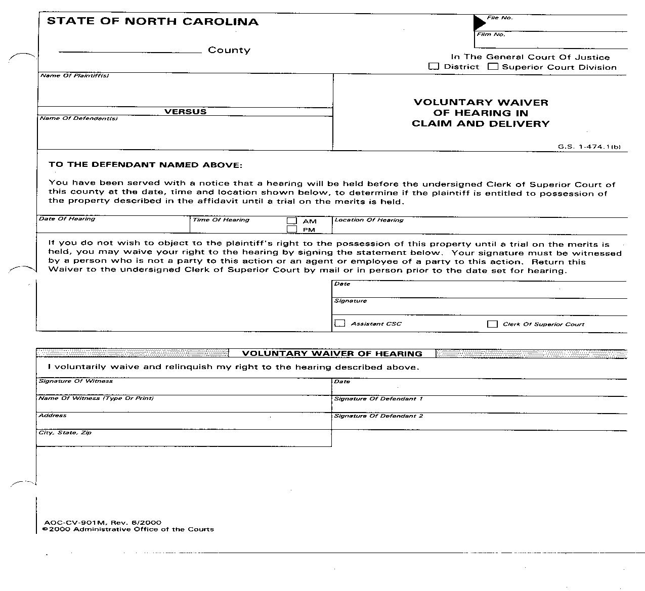 Voluntary Waiver Of Hearing In Claim And Delivery {CV-901M} | Pdf Fpdf Doc Docx | North Carolina