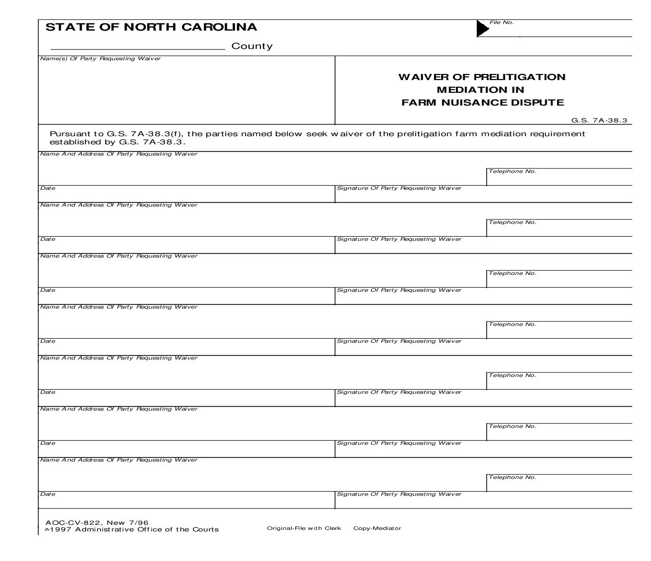 Waiver Of Prelitigation Mediation In Farm Nuisance Dispute {CV-822} | Pdf Fpdf Doc Docx | North Carolina